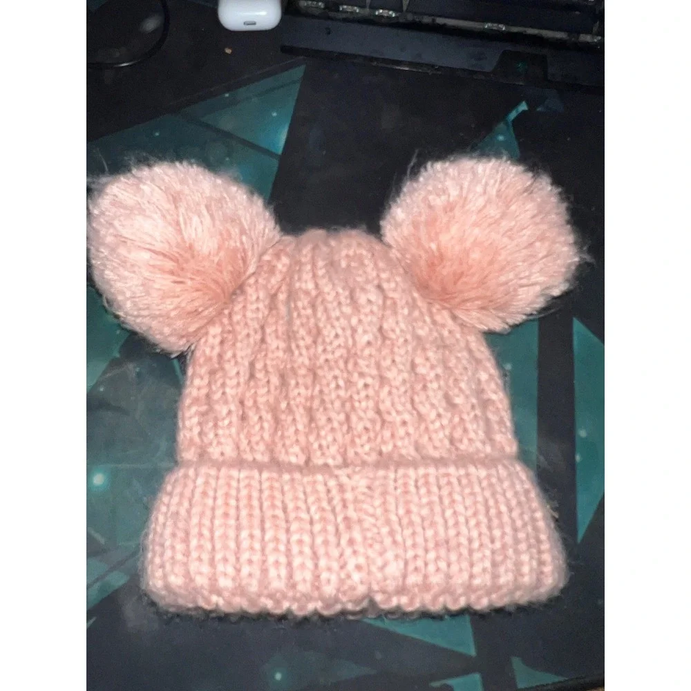 CC Kids Double Pom Pom Beanie Pink Cable Knit Winter Hat Ribbed Cuff Peach